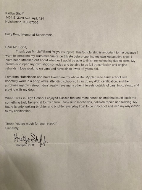 Letter from scholarship recipient 2022              Kaitlyn Shuff